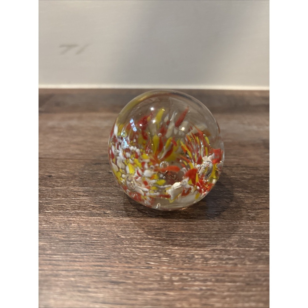 Vintage Art Glass Globe PAPERWEIGHT  - White Blooms And Red Base 1.75"  7.4oz